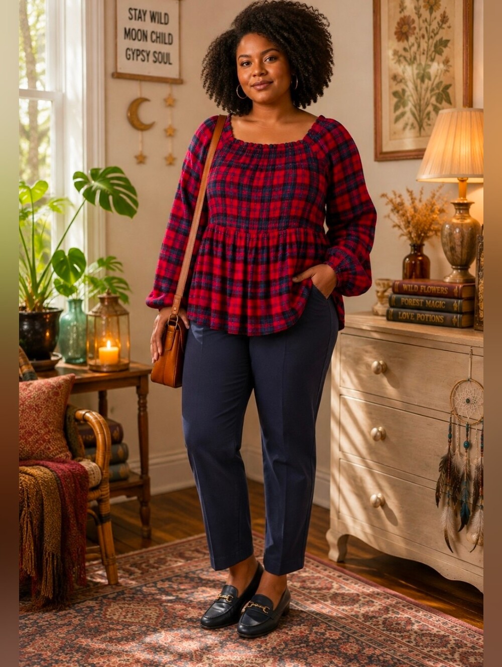 Torrid Red Navy Plaid Smocked Peplum Blouse Womens Size 2X